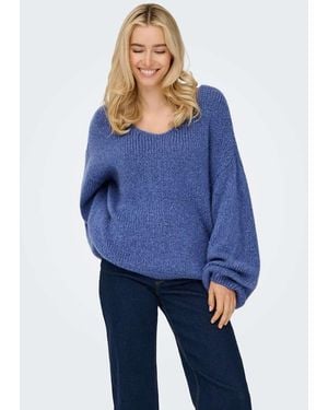 Jdy Dinea Ribbed V-neck Knitted Drop Shoulder Jumper - Blue