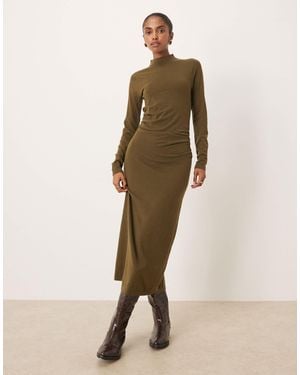 Mango High Neck Ruched Waist Maxi Dress - Natural