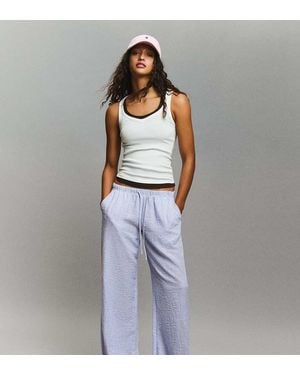 Bershka Petite Linen Rich Trousers With An Elasticated Waistband - Blue