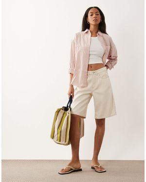 Vila Contrast Stitch Longline Denim Shorts - Natural