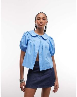 Reclaimed Vintage Peacoat Style Baby Doll Blouse With Puff Sleeves - Blue