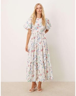 Y.A.S Puff Sleeve Floral Midi Dress - Natural