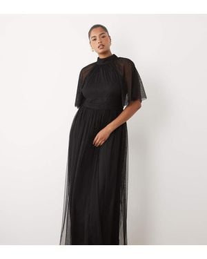 Lace & Beads Plus Tulle High Neck Flutter Sleeve Maxi Dress - Black