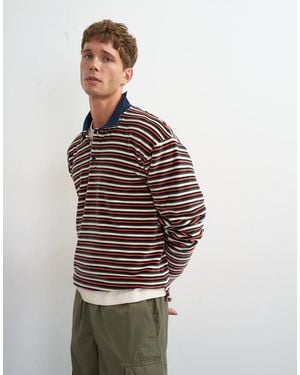 TOPMAN Relaxed Fit Crop Velour Stripe Polo - Brown