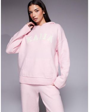 Kaiia Wool Feel Knit Embroidered Logo Hoodie - Pink