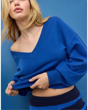 Stradivarius Trui Met V-Hals En Wijde Mouwen - Blauw