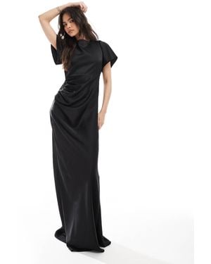 Six Stories Bridesmaid Flutter Sleeve Satin Maxi Dress - Black