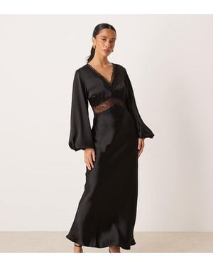 Gina Tricot V Neck Lace Satin Maxi Dress With Volume Sleeves - Black