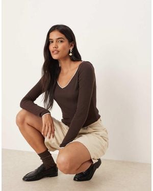 Mango Contrast Tipping Long Sleeve Fine Knit Top - Natural