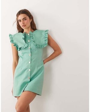 Ghospell Vestito Corto Oversize Senza Maniche Con Volant E Colletto - Verde