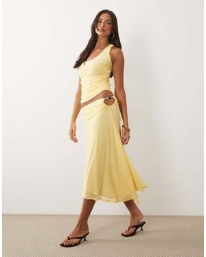 ASOS Co-ord Mesh Asymmetric Midi Skirt With Beaded Trim - Natural