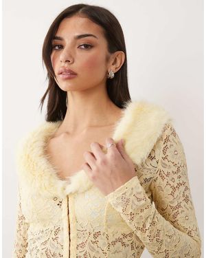 Oh Polly Faux Fur Collar Lace Cardigan - Natural