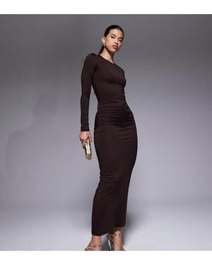 The Frolic Exclusive Slinky Ruched Waist Detail Fishtail Maxi Dress - Brown
