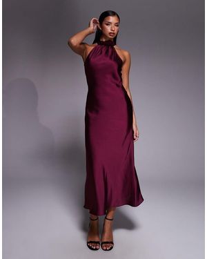 New Look Satin Corsage Detail Halterneck Midi Dress - Purple