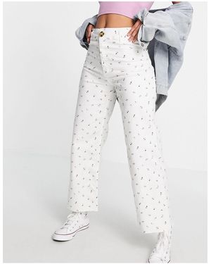 Stradivarius Floral Cropped Wide Leg Jean - White