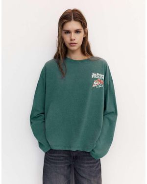 Pull&Bear Oversize Pizza Graphic T-Shirt - Green