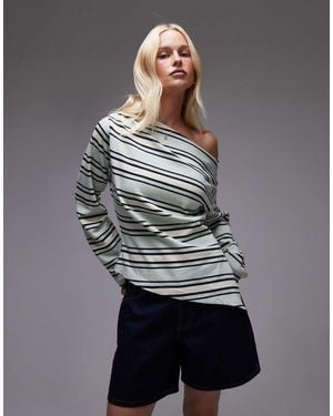 TOPSHOP Jersey Stripe Asymmetrical Long Sleeve Top - Grey