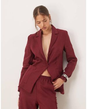 Mango 100% Linnen Getailleerde Blazer Met Rafelrand - Rood