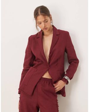 Mango Co-ord 100% Linen Frayed Edge Fitted Blazer - Red