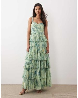 LACE & BEADS Bridesmaid Tulle Bow Shoulder Maxi Dress - Green
