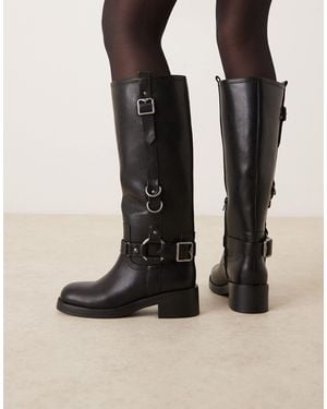 ASOS Wide Fit Cobra Buckle Harness Knee Boots With Silver Hardware - Black