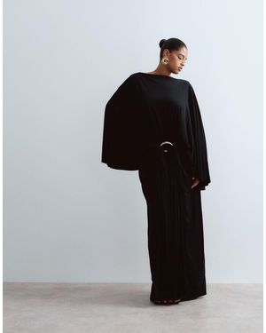 ARRANGE Curve Long Sleeve Drape Maxi Dress With Gold Hardware Trim Detail - Black