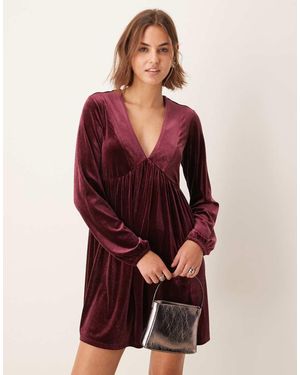 New Look Long Sleeve Velvet Smock Mini Dress - Red