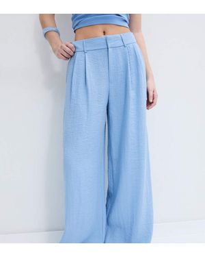 Stradivarius Petite Rustic Wide-Leg Trousers With Adjustable Buttons - Blue