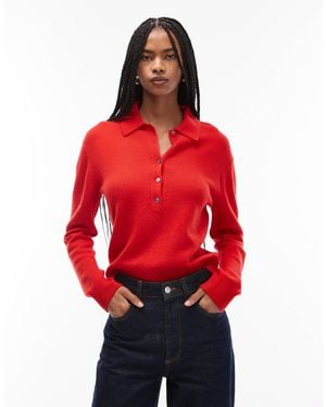 ARKET Wool Knitted Sweater With Deep Placket Polo Collar - Red