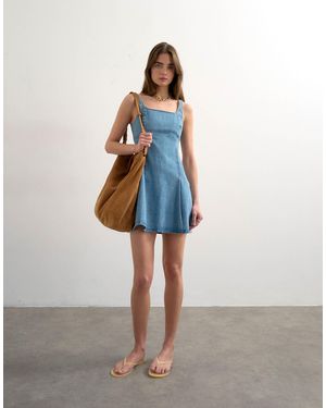 TOPSHOP Denim Flippy Seamed Pleat Hem Mini Dress - Blue