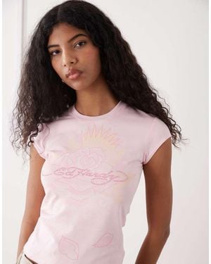 Ed Hardy Rainbow And Sunshine Diamante Cap Sleeve T-shirt - Pink