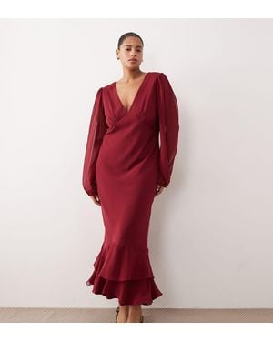 Lace & Beads Plus Chiffon Balloon Sleeve Plunge Neck Ruffle Hem Maxi Dress - Red