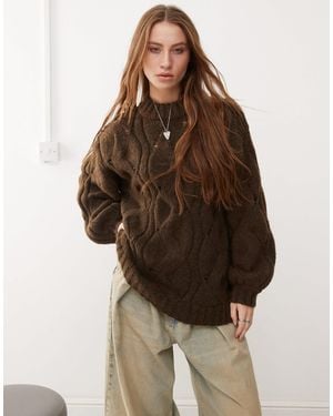 Monki Oversized Crew Neck Cable Knitted Sweater - Brown