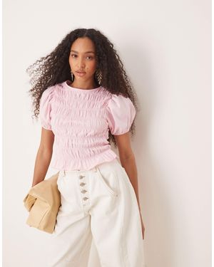 ASOS Cotton Shirred Top With Frill Peplum And Puff Sleeve - Pink