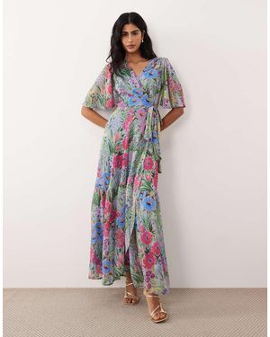 Hope & Ivy Flutter Sleeves Wrap Skirt Tie Waist Maxi Dress - Multicolour