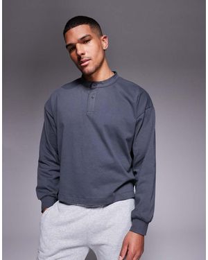 ASOS Heavyweight Oversized Boxy Long Sleeve Henley T-shirt With Step Hem - Blue