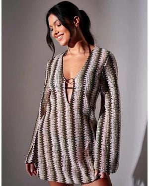 South Beach Sequin Crochet Ring Decal Kaftan Mini Dress - Grey