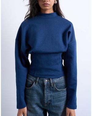 TOPSHOP Interlock Corset Waist Long Sleeve Top - Blue