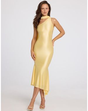 Oh Polly Sculpted Slinky Asymmetric Scarf Detail Midi Dress - Natural