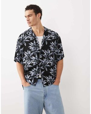 Jack & Jones Revere Collar Shirt With Palm Print - Blue