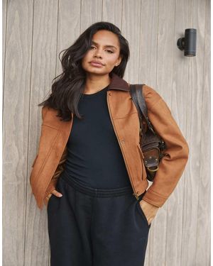 South Beach Faux Suede Bomber Jacket With Pu Trim - Brown