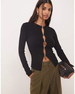 Gina Tricot Top A Maniche Lunghe A Coste Con Fibbie - Blu