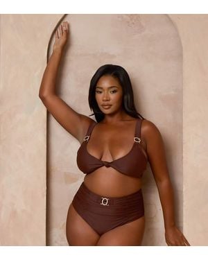 Moda Minx Curve X Alessa Tyrrell-charles Ruched Bikini Bottoms With Faux Gem Detail - Brown
