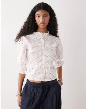 Collusion Shirred Polka Dot Blouse - White