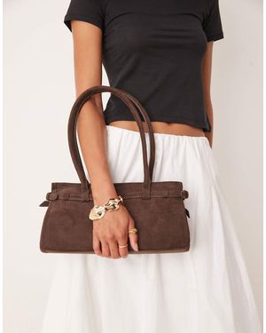 Gina Tricot Faux Suede Buckle Bowling Shoulder Bag With Long Handles - Brown