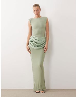 Wanderdoll Eman Sleeveless Slash Neck Satin Drape Waist Detail Bodycon Maxi Dress - Green