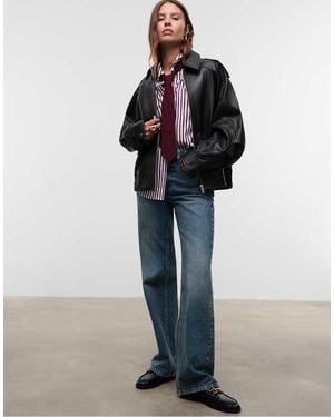 Stradivarius 100% Leather Oversize Jacket - Black