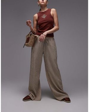 TOPSHOP Crinkle Stripe Tie Waist Low Rise Wide Leg Trousers - Brown
