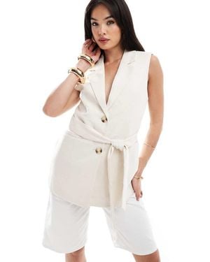 Pimkie Linen Blend Sleeveless Longline Belted Blazer - White