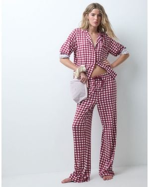 Loungeable Camp Collar Button Up Shirt And Pants Pajama Set - Red